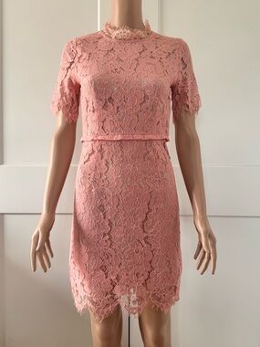 Sero Pink Lace Mock Neck Short Sleeves Mini Shift Dress Small S XS